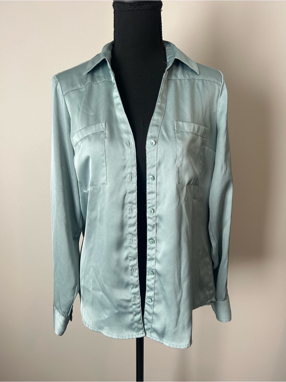 Express Portofino Slim Fit Satin Button Down Blouse Mint Green Small